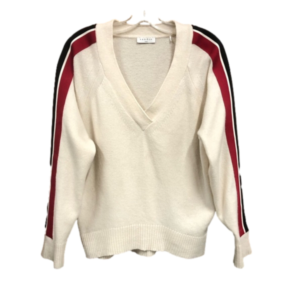 Sandro Paris Briona cream sport stripe varsity wool poly blend vneck pullover